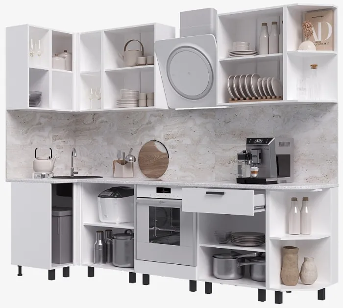 Кухня Техно 0,9*2,7м (490) Компоновка №2, Белый/Белый глянец