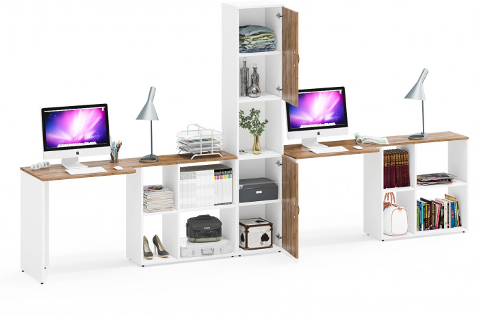 Лидер-8 Стол + Стол + Пенал, цвет белый шагрень/крафт золото, ШхГхВ 370х50/30х75/190 см. или 230х50/120х75/190 см., НЕ универсальная сборка