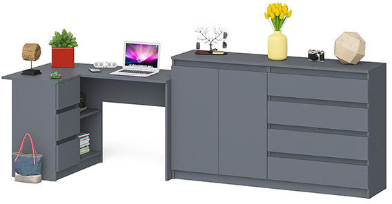 Мори Стол компьютерный МС-16 левый + Комод МК1600.1, цвет графит, ШхГхВ 284,8х84,9х94 см., выдвижные ящики слева, НЕ универсальная сборка