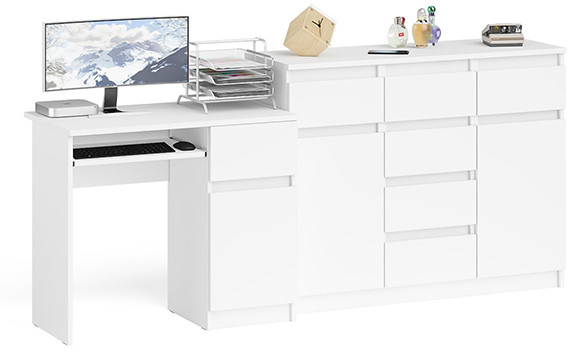 Мори компьютерный стол МС-1 правый + Комод МК1200.4, белый