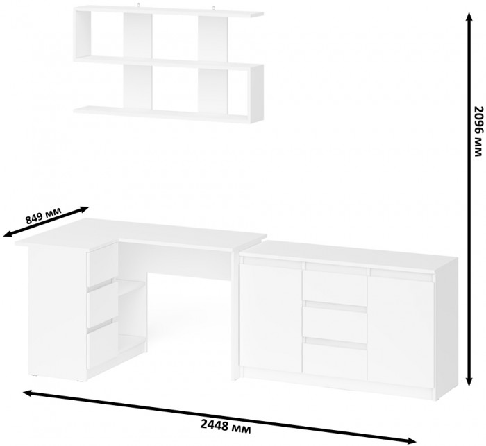 Мори компьютерный стол МС-16 левый + Комод МК1200.3 + Полка 1200, белый