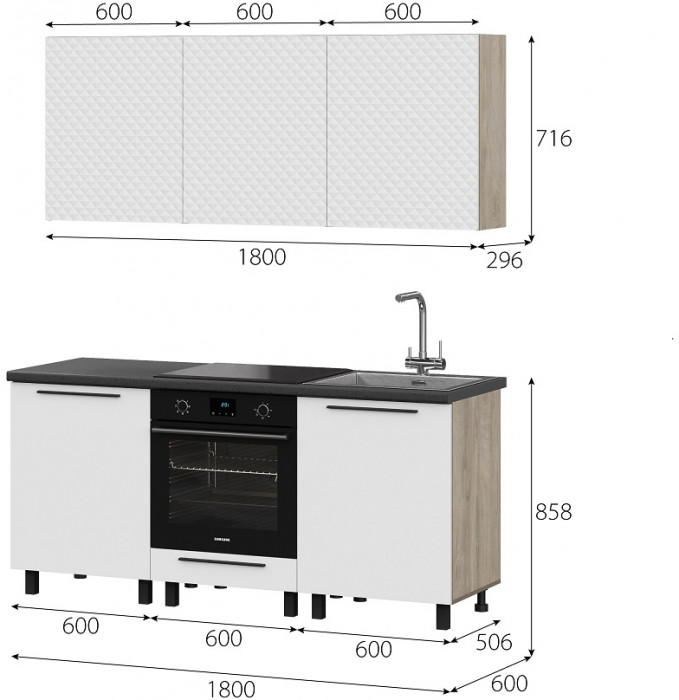 Кухня Этна 1.8 м. Комплект 2, софт вайт гиза