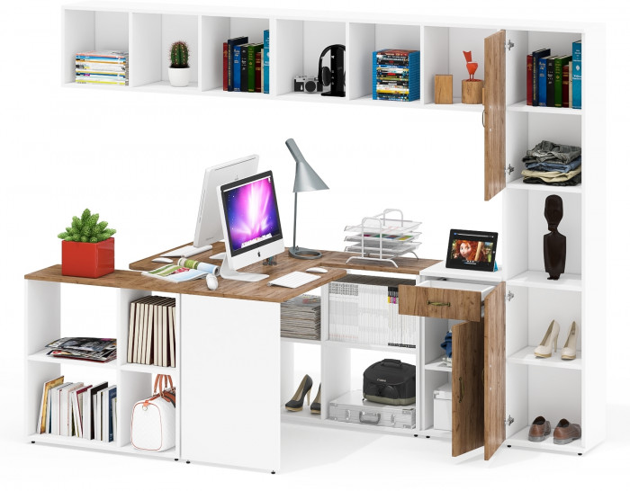 Лидер-8 Стол + Полка + Стол + Полка + Пенал + Тумба МД 3.15, белый шагрень/крафт золото