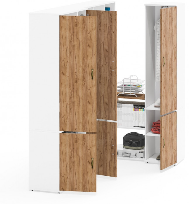 Лидер-8 Шкаф МД 20Б + Стол + Полка + Пенал 21Б, белый шагрень/крафт золото