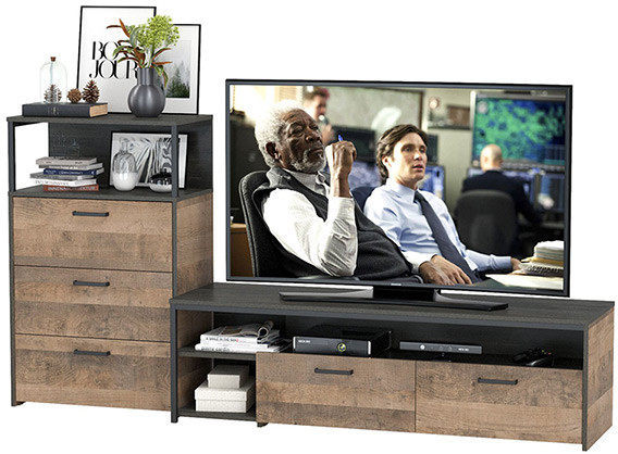 Трувор 13.70 Тумба под ТВ + 13.307.02 Комод с ящиками, цвет дуб гранж песочный/интра, ШхГхВ 215,8х45,4х106,9 см., универсальная сборка