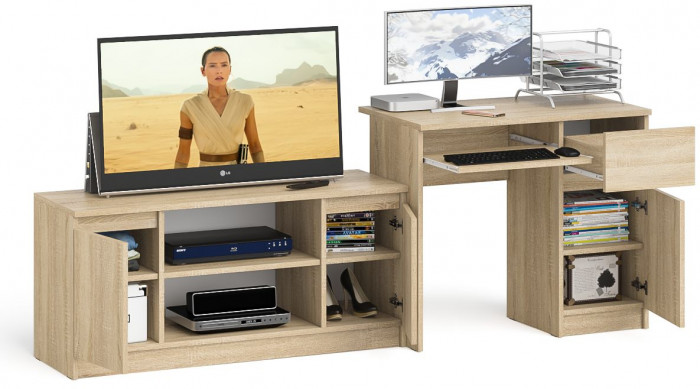 Мори компьютерный стол МС-1 правый + Тумба МТВ1200.1, дуб сонома