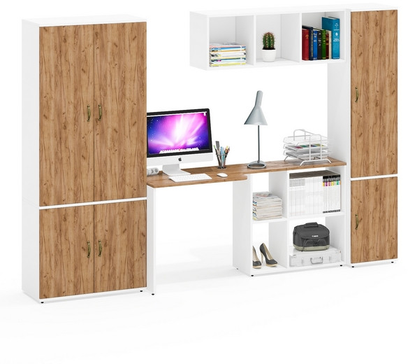 Лидер-8 Шкаф МД 20Б + Стол + Полка + Пенал 21Б, цвет белый шагрень/крафт золото, ШхГхВ 285х50/37,5х75/190 или 195х120х75/190 см., НЕ ун.сб.