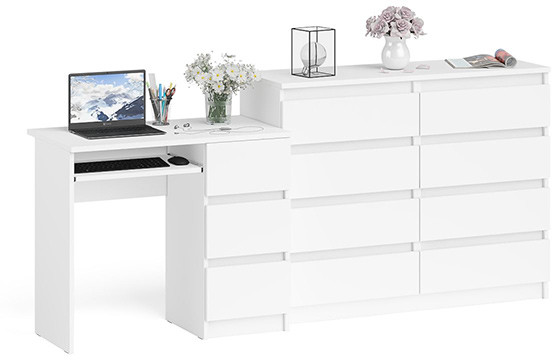 Мори компьютерный стол МС-6 правый + Комод МК1200.8, белый