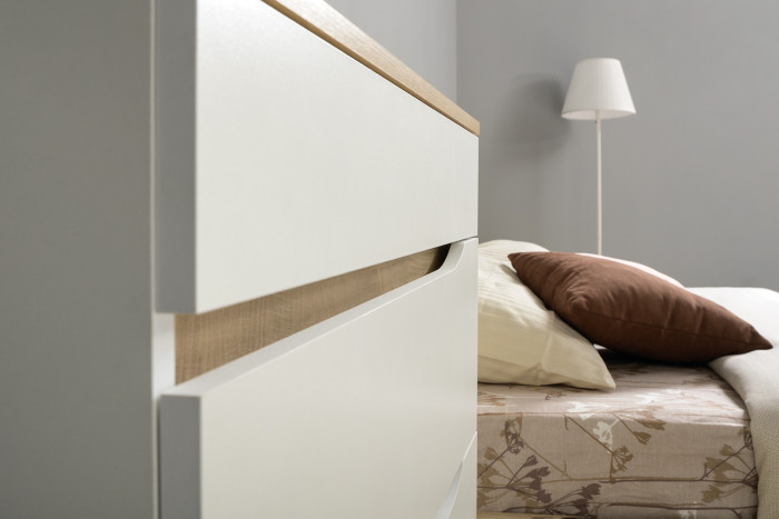 Муссон Кровать 11.28 + подъёмный ортопед + Комод 13.97, цвет белый/дуб эндгрейн элегантный/кожзам белый, сп. м. 1600х2000 мм., б/м