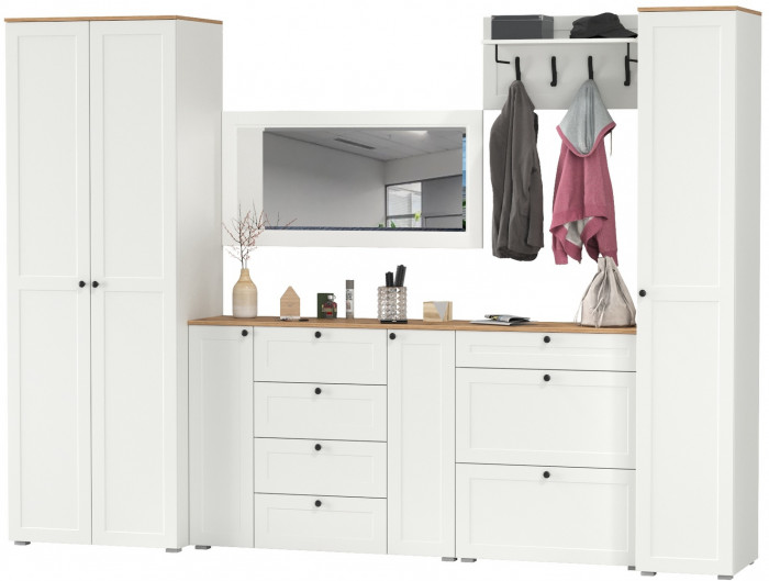 Остин Прихожая 61, цвет белый шагрень/дуб крафт золотой, ШхГхВ 320х54,3х229,6 см., универсальная сборка