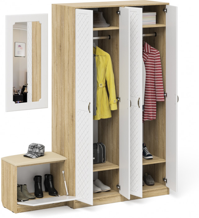 Прихожая П-6 Компоновка № 08, цвет дуб сонома/фасады МДФ белое дерево фрезеровка ромб, ШхГхВ 180х50х210 см., универсальная сборка