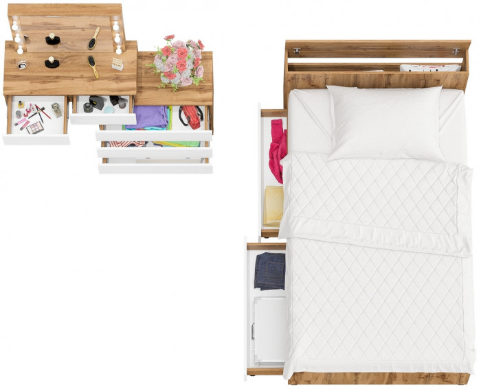 Ксения Кровать с ящиками 1200 + Стол косметический с подсветкой 110, дуб вотан/белый
