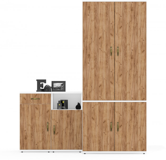 Лидер-8 Шкаф МД 19Б + Тумба МД 3.15 + Тумба МД 3.19, белый шагрень/крафт золото