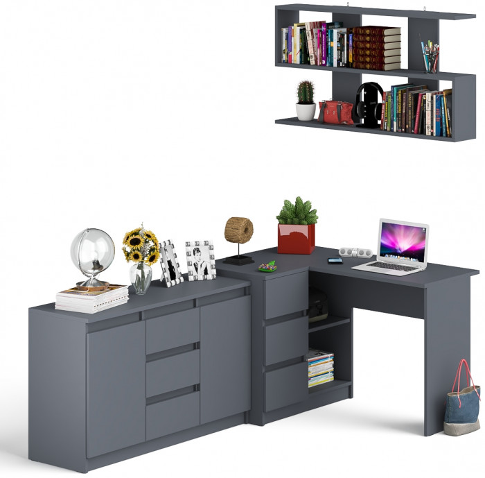 Мори компьютерный стол МС-16 левый + Комод МК1200.3 + Полка 1200, графит