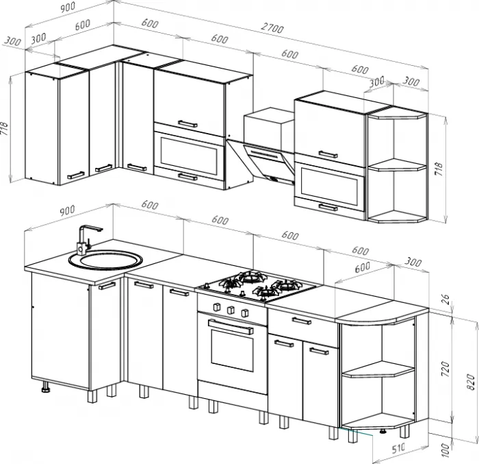 Кухня Техно 0,9*2,7м (490) Компоновка №2, Белый/Белый глянец
