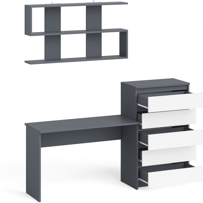 Мори Стол письменный МСП1200.1 + Комод МК700.5 + Полка 1200, цвет графит/белый, ШхГхВ 190,8х50х209,6 см., универсальная сборка
