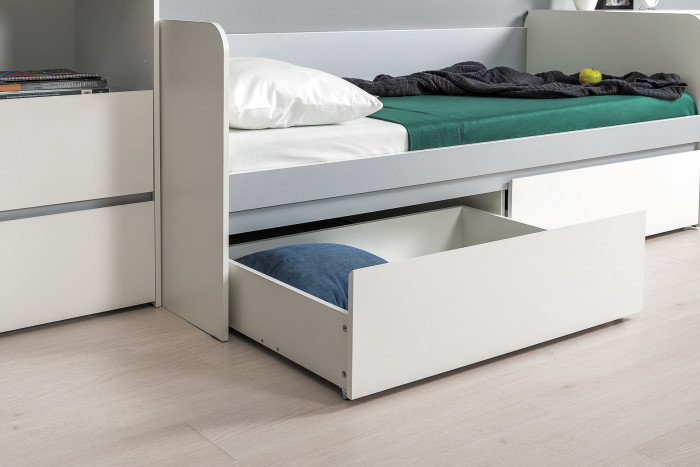 Торонто Компоновка № 19, цвет белый шагрень/стальной серый, ШхГхВ 354х84,4х195,7 см., сп. м. 800х1900 мм., б/м, основание есть, универсальная сборка