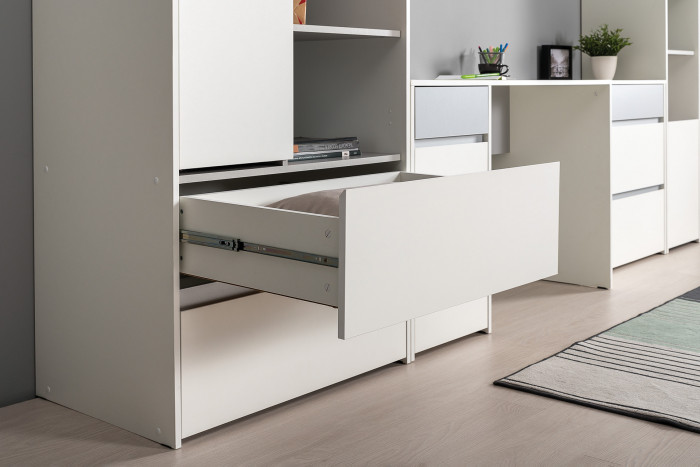 Торонто Компоновка № 19, цвет белый шагрень/стальной серый, ШхГхВ 354х84,4х195,7 см., сп. м. 800х1900 мм., б/м, основание есть, универсальная сборка