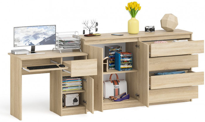 Мори Стол компьютерный МС-1 правый + Комод МК1600.1, цвет дуб сонома, ШхГхВ 250,4х50х94 см., выдвижной ящик справа, НЕ универсальная сборка