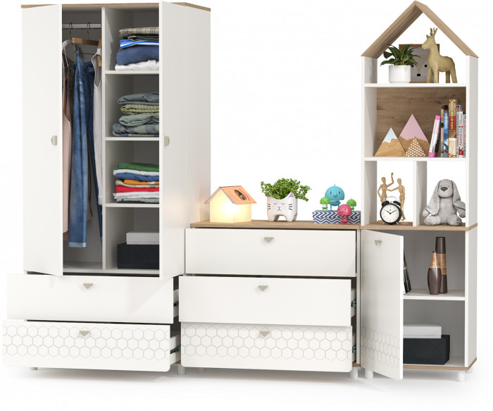 Эйп 13.334 Шкаф для одежды + 13.322 Комод + 13.14 Стеллаж, белый/дуб белый