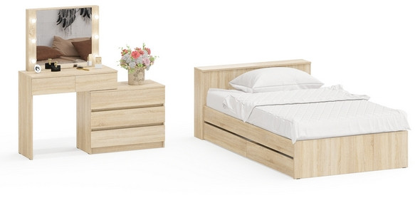 Ксения Кровать с ящиками 1200 + Стол косметический с подсветкой 110, дуб сонома