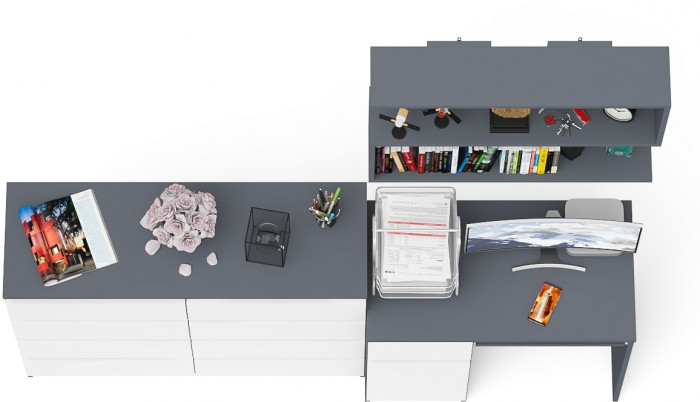 Мори компьютерный стол МС-1 левый + Комод МК1200.8 + Полка 900, графит/белый