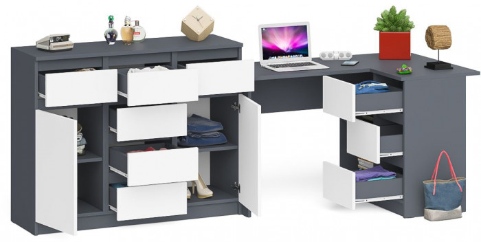 Мори компьютерный стол МС-16 правый + Комод МК1200.4, графит/белый