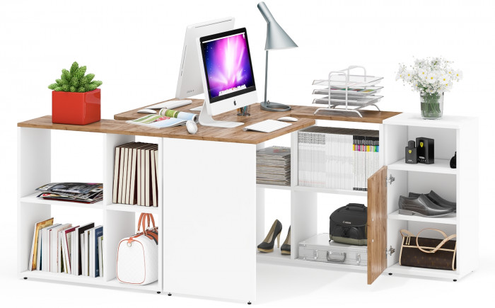 Лидер-8 Стол + Стол + Тумба МД 3.19, цвет белый шагрень/крафт золото, ШхГхВ 370х50/30х75 см. или 230х50/120х75 см., НЕ универсальная сборка