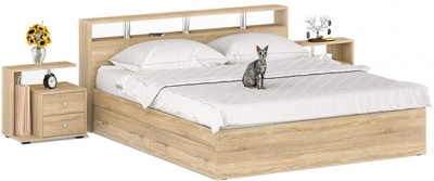 Камелия Кровать с ящиками 1800 + две тумбы, цвет дуб сонома, ШхГхВ 296х217х78,2 см., сп.м. 1800х2000 мм., без матраса, основание есть