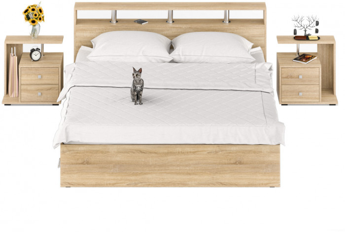 Камелия Кровать с ящиками 1800 + две тумбы, цвет дуб сонома, ШхГхВ 296х217х78,2 см., сп.м. 1800х2000 мм., без матраса, основание есть
