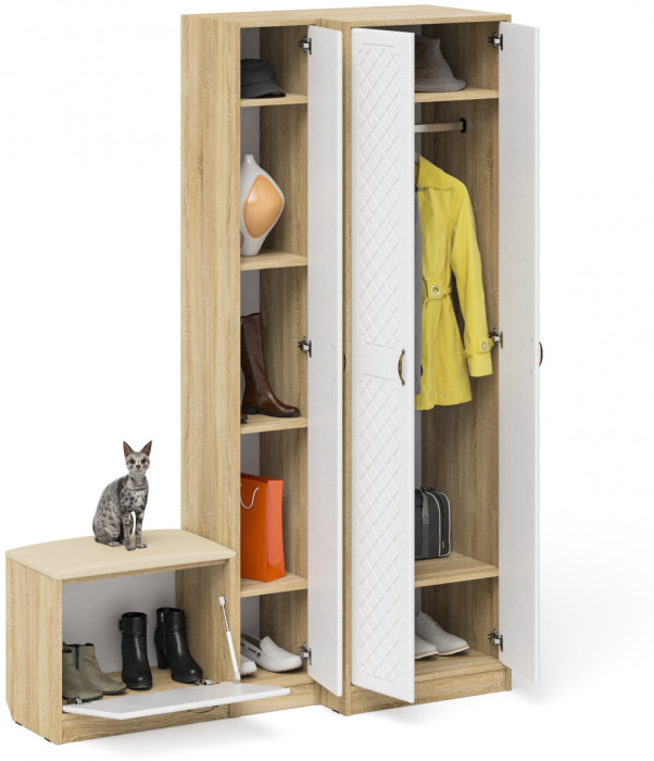 Прихожая П-6 Компоновка № 25, цвет дуб сонома/фасады МДФ белое дерево фрезеровка ромб, ШхГхВ 150х50х210 см., универсальная сборка