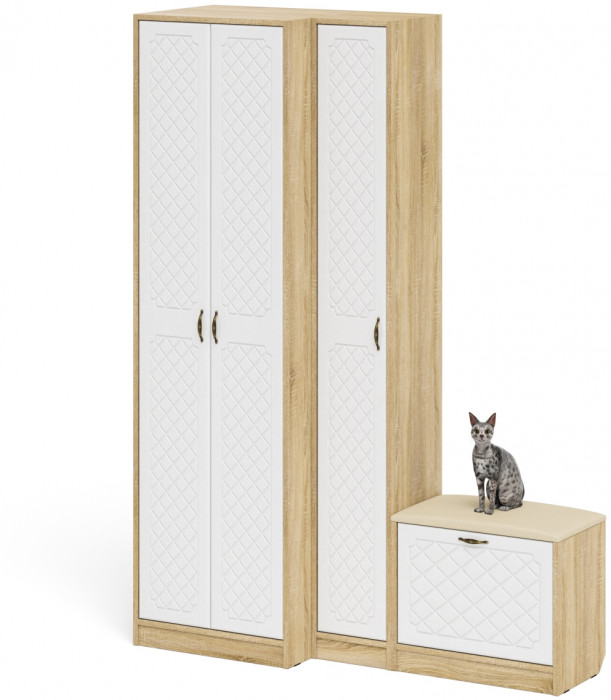 Прихожая П-6 Компоновка № 25, цвет дуб сонома/фасады МДФ белое дерево фрезеровка ромб, ШхГхВ 150х50х210 см., универсальная сборка