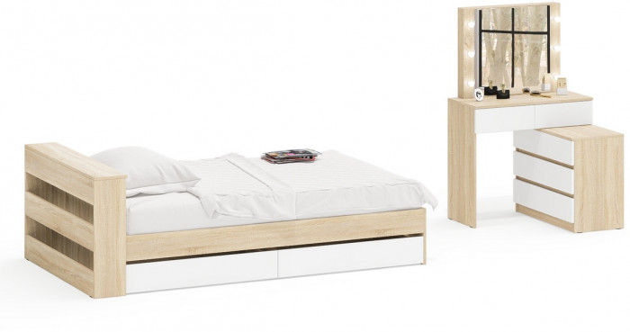 Ксения Кровать с ящиками 1200 + Стол косметический с подсветкой 110, дуб сонома/белый