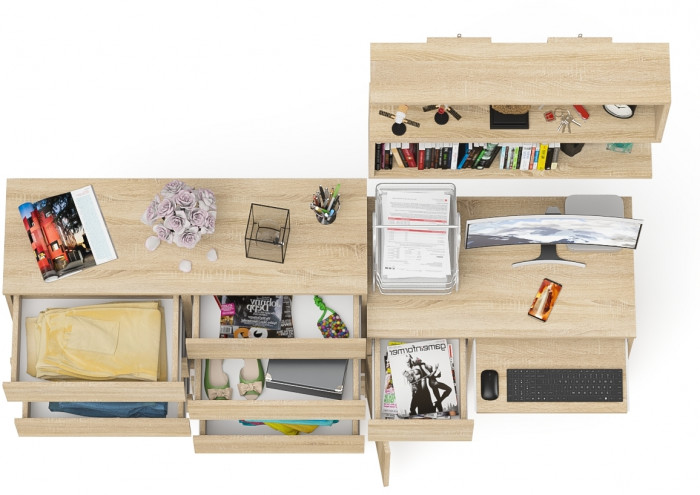 Мори компьютерный стол МС-1 левый + Комод МК1200.8 + Полка 900, дуб сонома