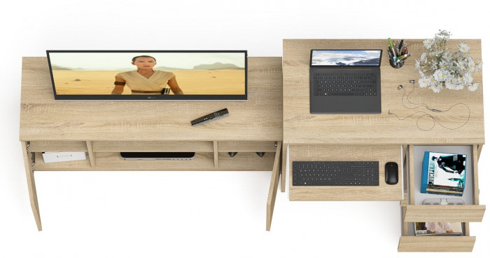 Мори компьютерный стол МС-6 правый + Тумба МТВ1200.1, дуб сонома