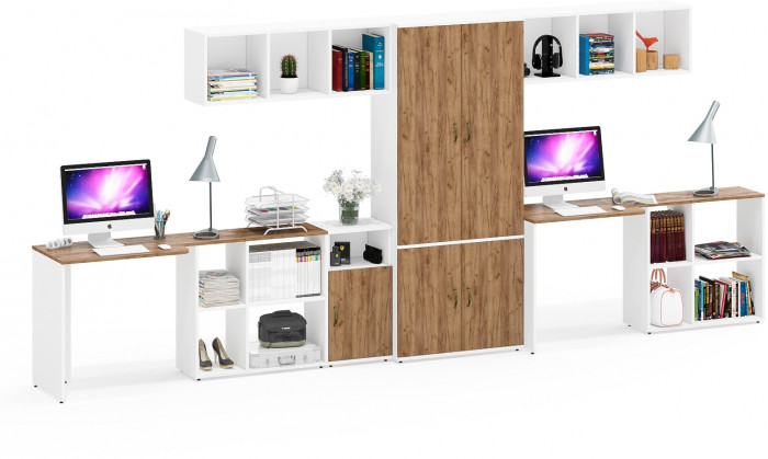 Лидер-8 Стол + Полка + Стол + Полка + Шкаф МД 20Б + Тумба МД 3.19, цвет белый шагрень/крафт золото, 450х50х75/190 или 230х200/50х75/190, НЕ ун. сб.