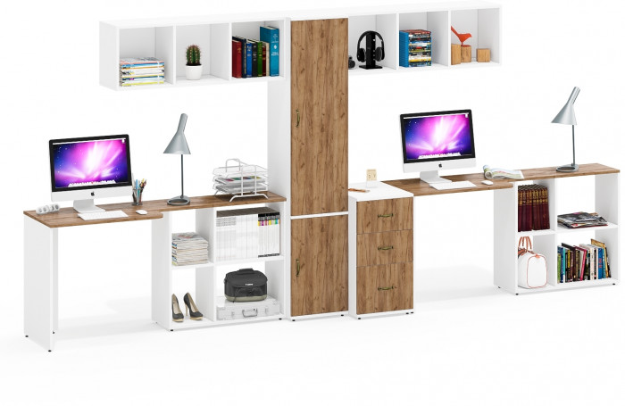 Лидер-8 Стол + Полка + Стол + Полка + Пенал МД 21Б + Тумба МД 3.16, белый шагрень/крафт золото