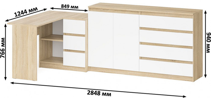 Мори компьютерный стол МС-16 правый + Комод МК1600.1, дуб сонома/белый