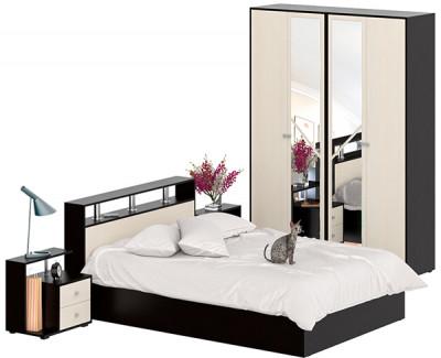 Камелия спальня № 1 Кровать 1400 + Две тумбы + Шкаф 4-х створчатый, цвет венге/дуб лоредо, сп.м. 1400х2000 мм., б/м, основание есть