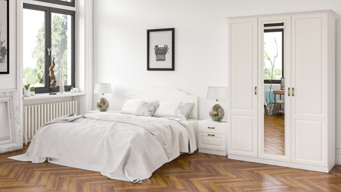 Ливерпуль Спальня № 1 Кровать 11.08ОСН + две Тумбы 08.146 + Шкаф 08.45Н + карниз, цвет ясень ваниль/белый, сп. м. 1600х2000 мм., б/м, ортопед есть