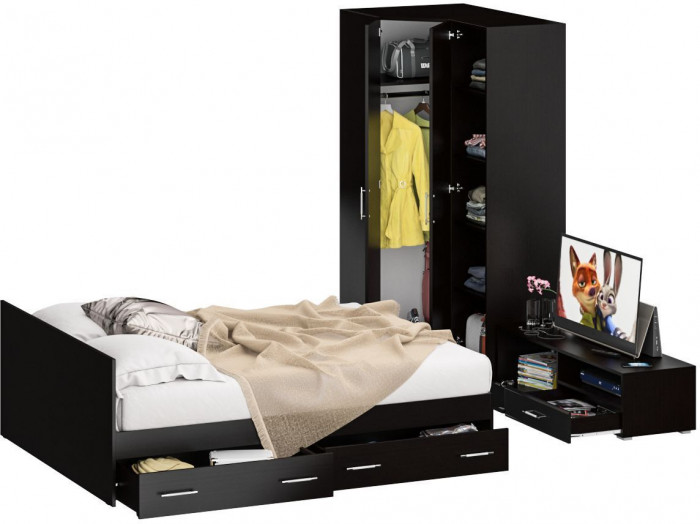 Спальня Стандарт 4-1600Я, венге/фасады ТВ тумбы МДФ чёрный глянец