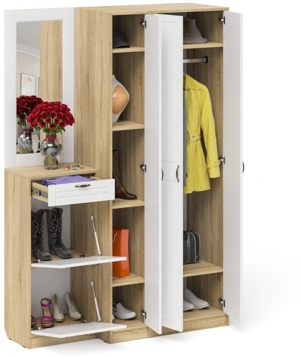Прихожая П-6 Компоновка № 49, цвет дуб сонома/фасады МДФ белое дерево фрезеровка прованс, ШхГхВ 140х50х210 см., универсальная сборка