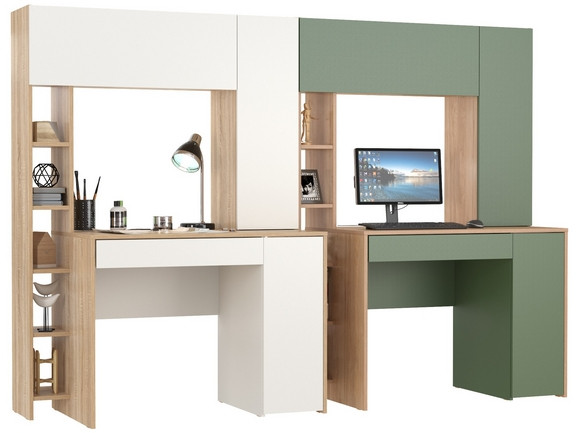 Два стола комп. Комфорт 12.71, дуб сонома/белый/гикори рокфорд натуральный/дымчатый зел.