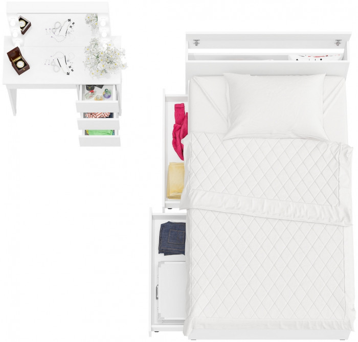Ксения Кровать с ящиками 1200 + Стол косметический с подсветкой Сура, белый
