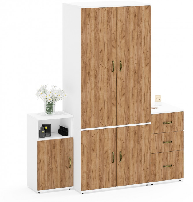 Лидер-8 Шкаф МД 19Б + Тумба МД 3.16 + Тумба МД 3.19, белый шагрень/крафт золото