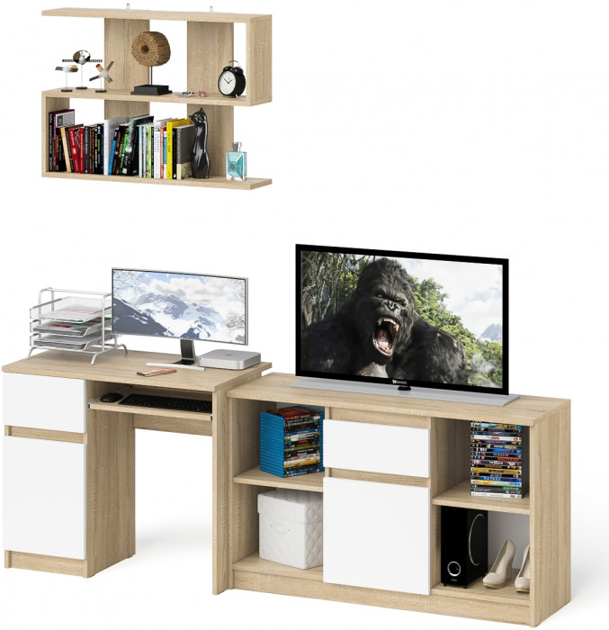 Мори компьютерный стол МС-1 левый + Тумба МТВ1204.1 + Полка 900, дуб сонома/белый