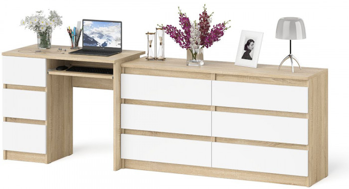 Мори компьютерный стол МС-6 левый + Комод МК1380.6, дуб сонома/белый
