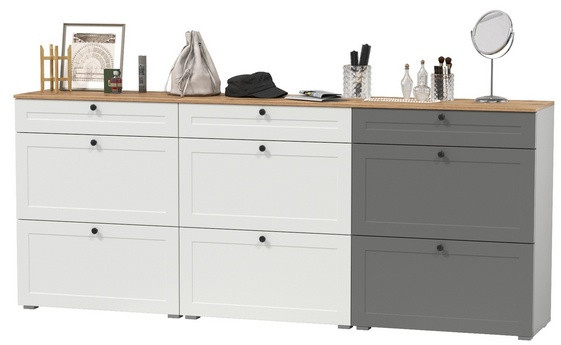 Остин 16.121 Тумба для обуви + 16.121 Тумба д/обуви + 16.121, белый шагрень/серый графит/дуб крафт золотой