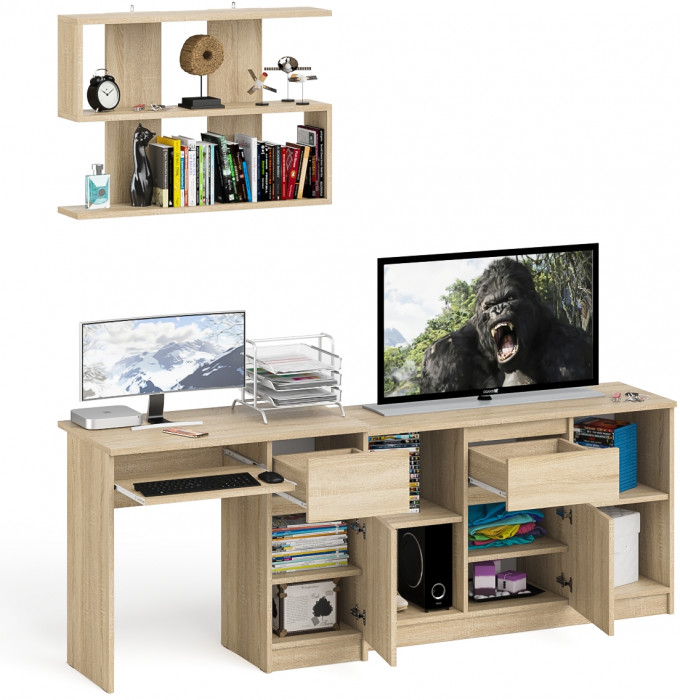 Мори компьютерный стол МС-1 правый + Тумба МТВ1204.1 + Полка 900, дуб сонома