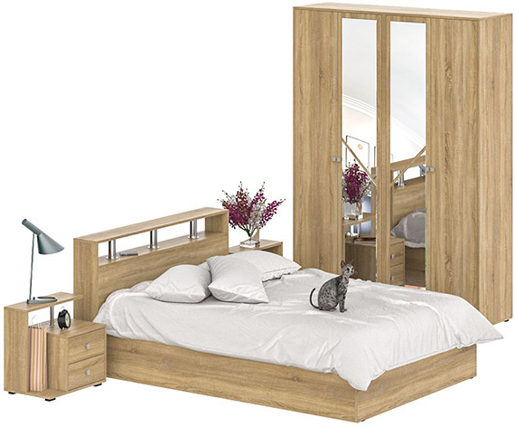 Камелия спальня № 1 Кровать 1400 + Две тумбы + Шкаф 4-х створчатый, цвет дуб сонома, сп.м. 1400х2000 мм., б/м, основание есть